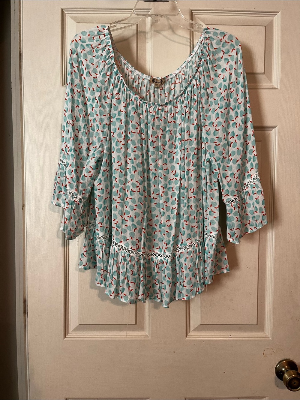 Boho Peasant Top - Light Green with Coral Accents